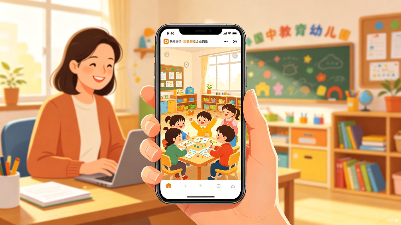 家长通过手机App（手机应用）查看幼儿园实时视频画面